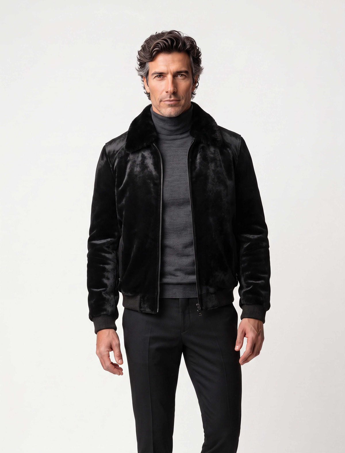 Black sheared fur bomber jacket with mink collar handcrafted in Turkey