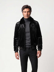 Black sheared fur bomber jacket with mink collar handcrafted in Turkey