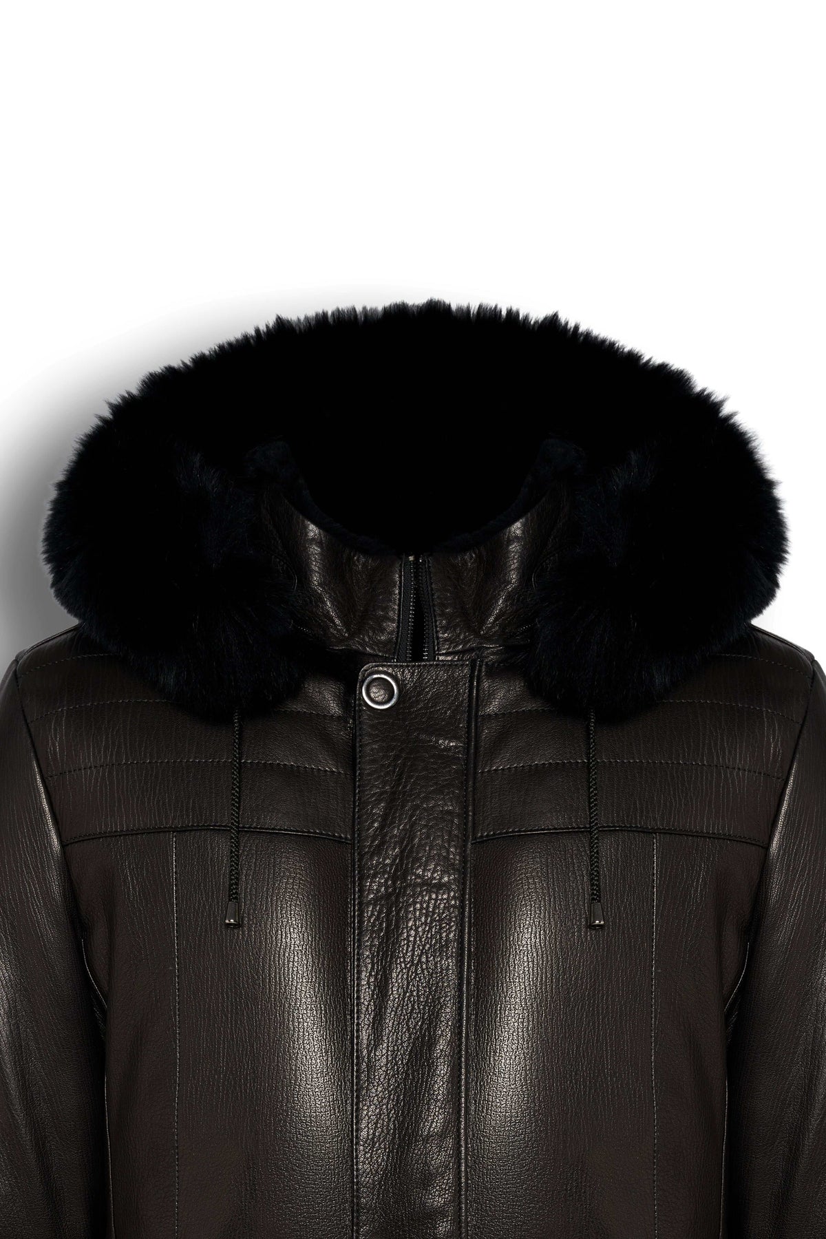 Black Genuine Shearling Hooded Leather Jacket made from premium sheepskin with natural black shearling lining