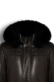 Black Genuine Shearling Hooded Leather Jacket made from premium sheepskin with natural black shearling lining