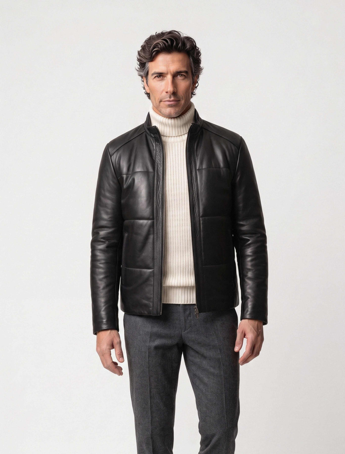 Zalvaro black genuine leather padded jacket with quilted detailing and minimalist design