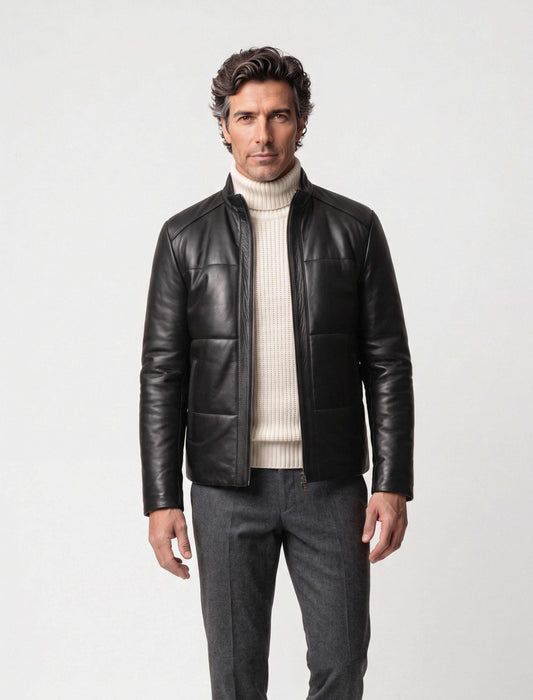 Zalvaro black genuine leather padded jacket with quilted detailing and minimalist design