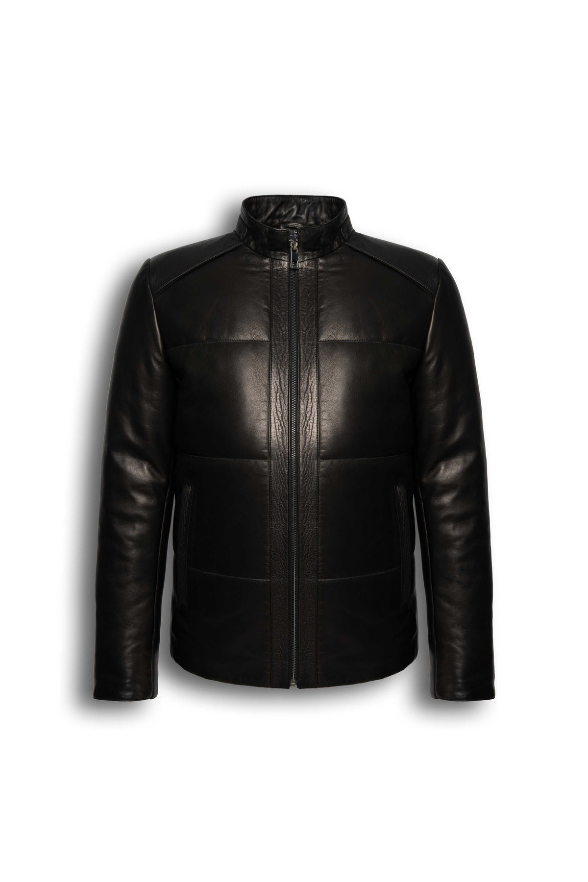Zalvaro black genuine leather padded jacket with quilted detailing and minimalist design for men