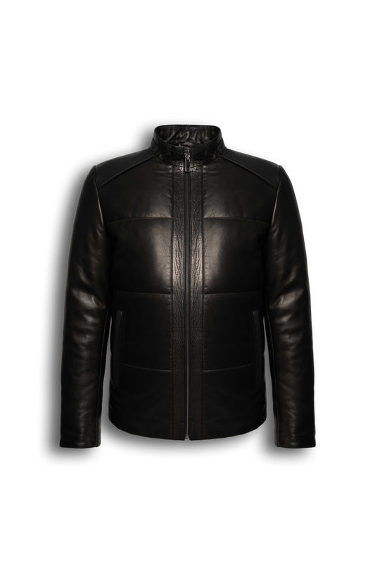Zalvaro black genuine leather padded jacket with quilted detailing and minimalist design for men