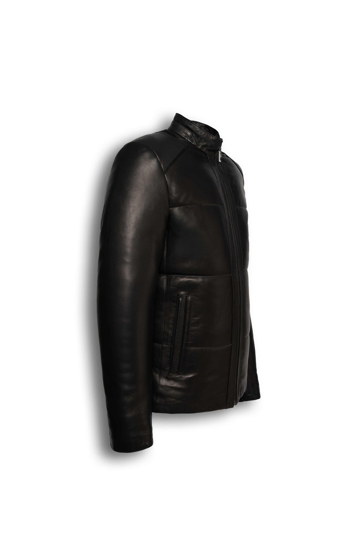 Zalvaro Black Genuine Leather padded men's jacket with quilted detailing and stand collar in minimalist style