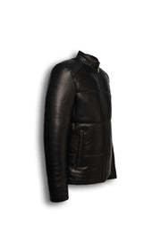 Zalvaro Black Genuine Leather padded men's jacket with quilted detailing and stand collar in minimalist style