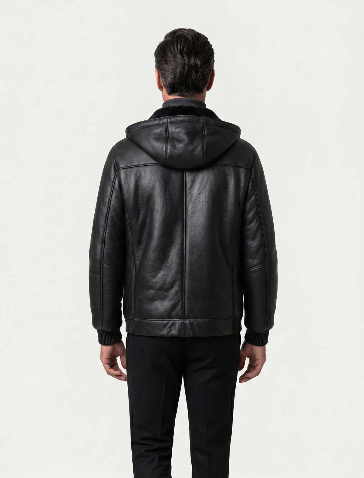 Arctic Black Hooded men's shearling leather jacket with hood and zippered pockets
