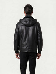 Arctic Black Hooded men's shearling leather jacket with hood and zippered pockets