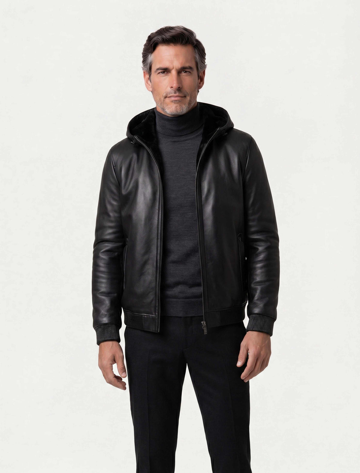 Black Arctic hooded shearling leather jacket with zippered pockets and rib-knit cuffs
