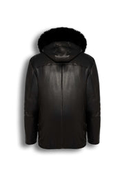 Black Genuine Shearling Hooded Leather Jacket made from premium sheepskin with natural black shearling lining