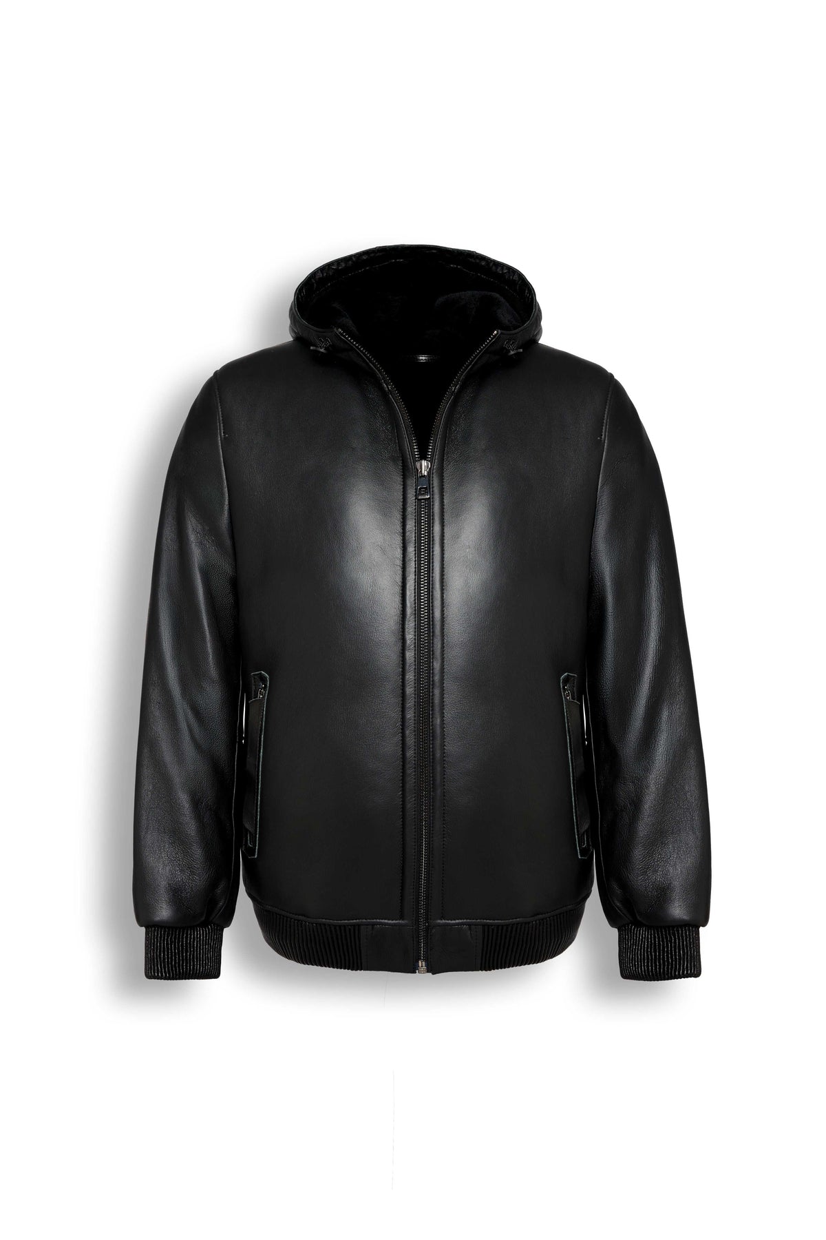 Arctic black hooded shearling leather jacket with minimalist design and premium craftsmanship