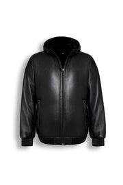 Arctic black hooded shearling leather jacket with minimalist design and premium craftsmanship