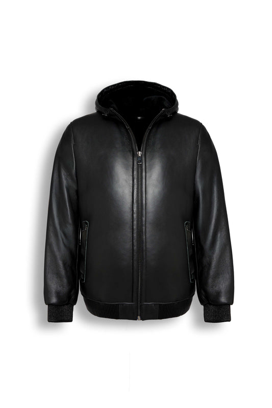 Arctic black hooded shearling leather jacket with minimalist design and premium craftsmanship