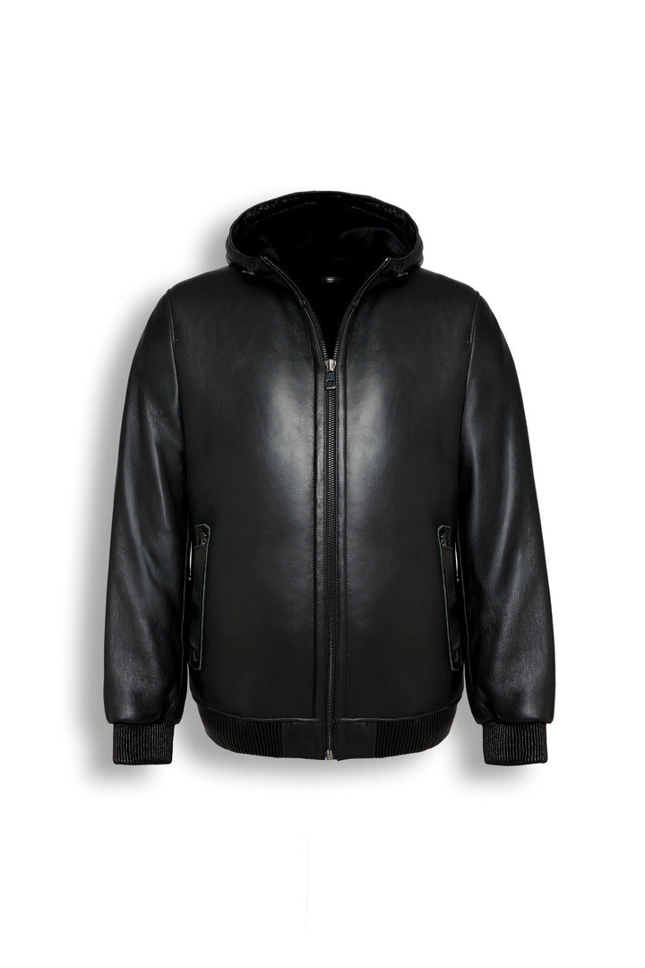 Arctic Black Hooded Shearling Leather Jacket