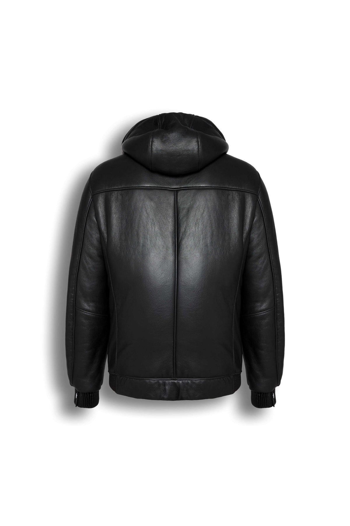 Arctic Black Hooded shearling leather jacket with minimalist design and integrated hood