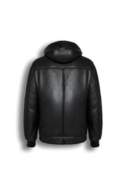 Arctic Black Hooded shearling leather jacket with minimalist design and integrated hood