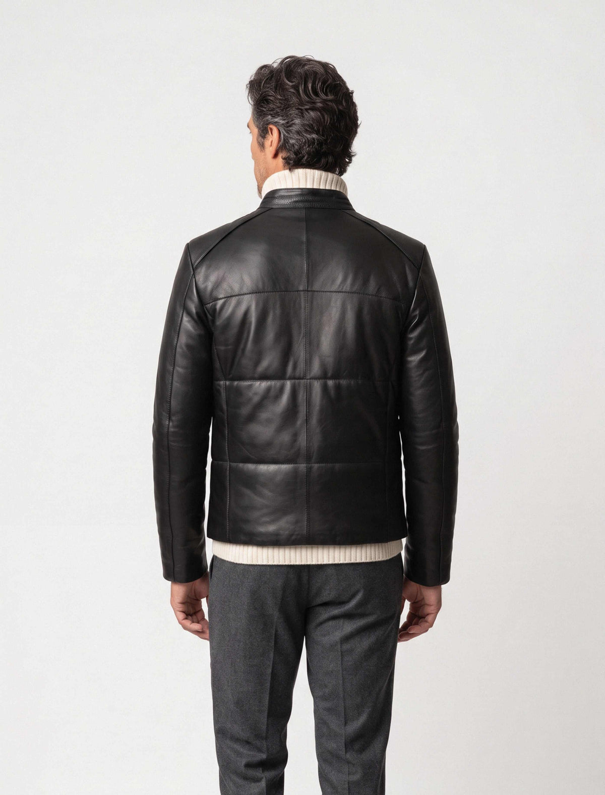 Zalvaro Black Genuine Leather padded men's jacket with quilted detailing and minimalist design