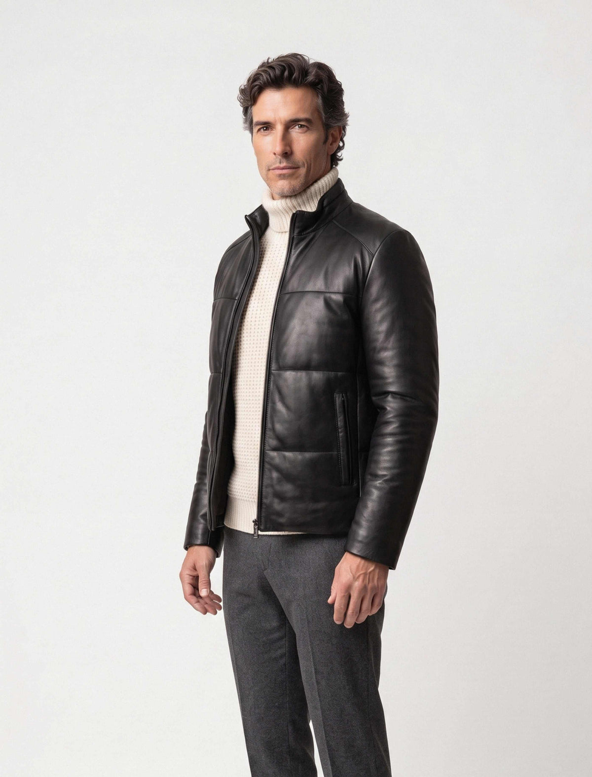 Zalvaro black genuine leather padded jacket with quilted detailing and minimalist design