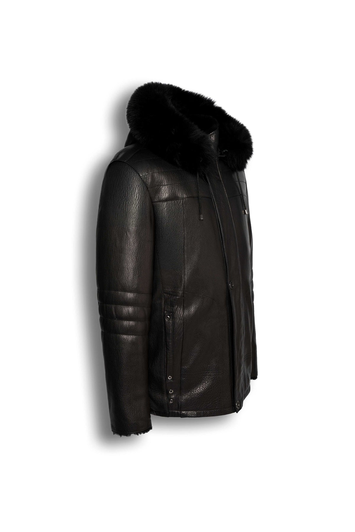 Black genuine shearling hooded leather jacket made from premium sheepskin with natural shearling lining