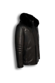 Black genuine shearling hooded leather jacket made from premium sheepskin with natural shearling lining