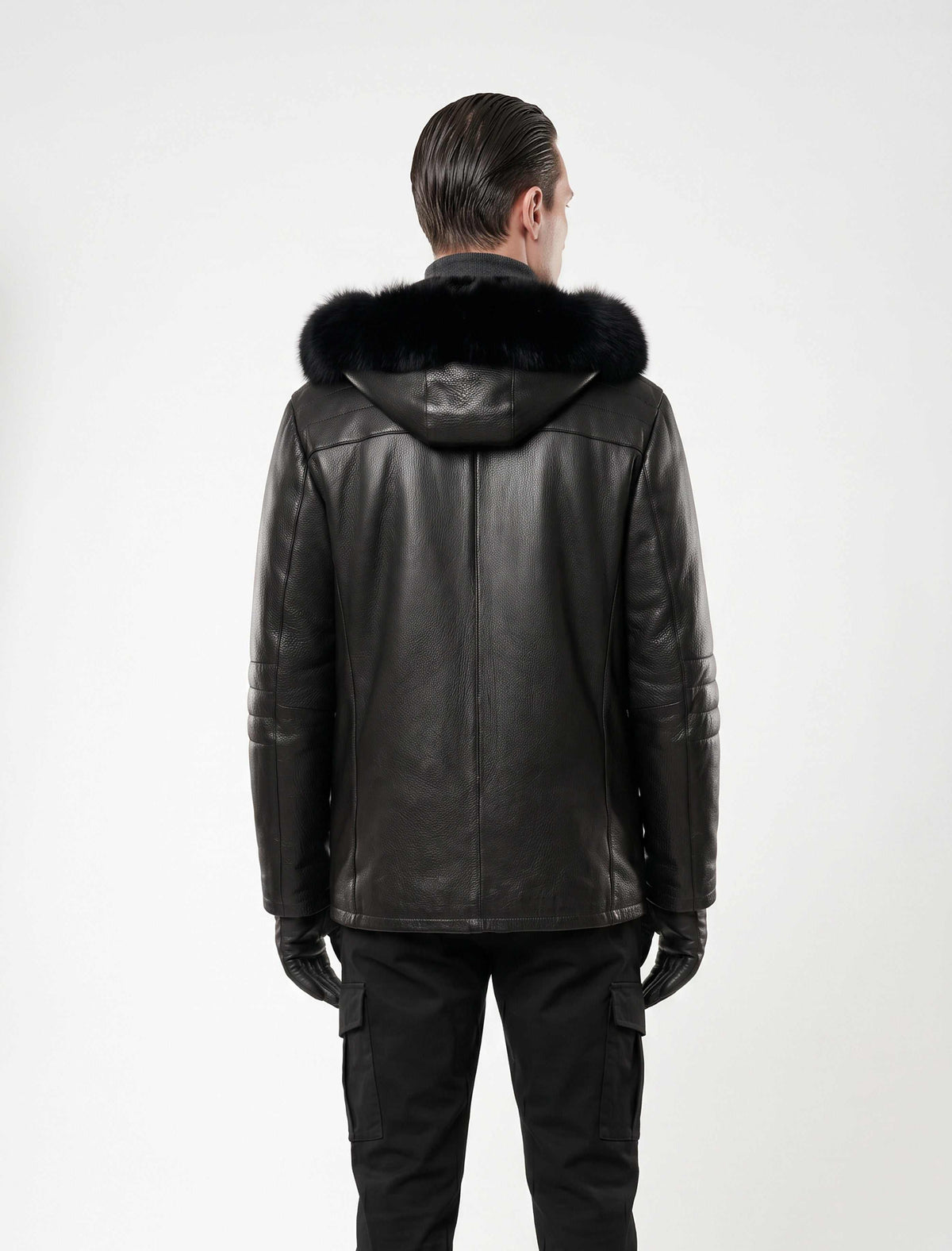 Black genuine shearling hooded leather jacket made from premium sheepskin and lined with natural black shearling for warmth and elegance