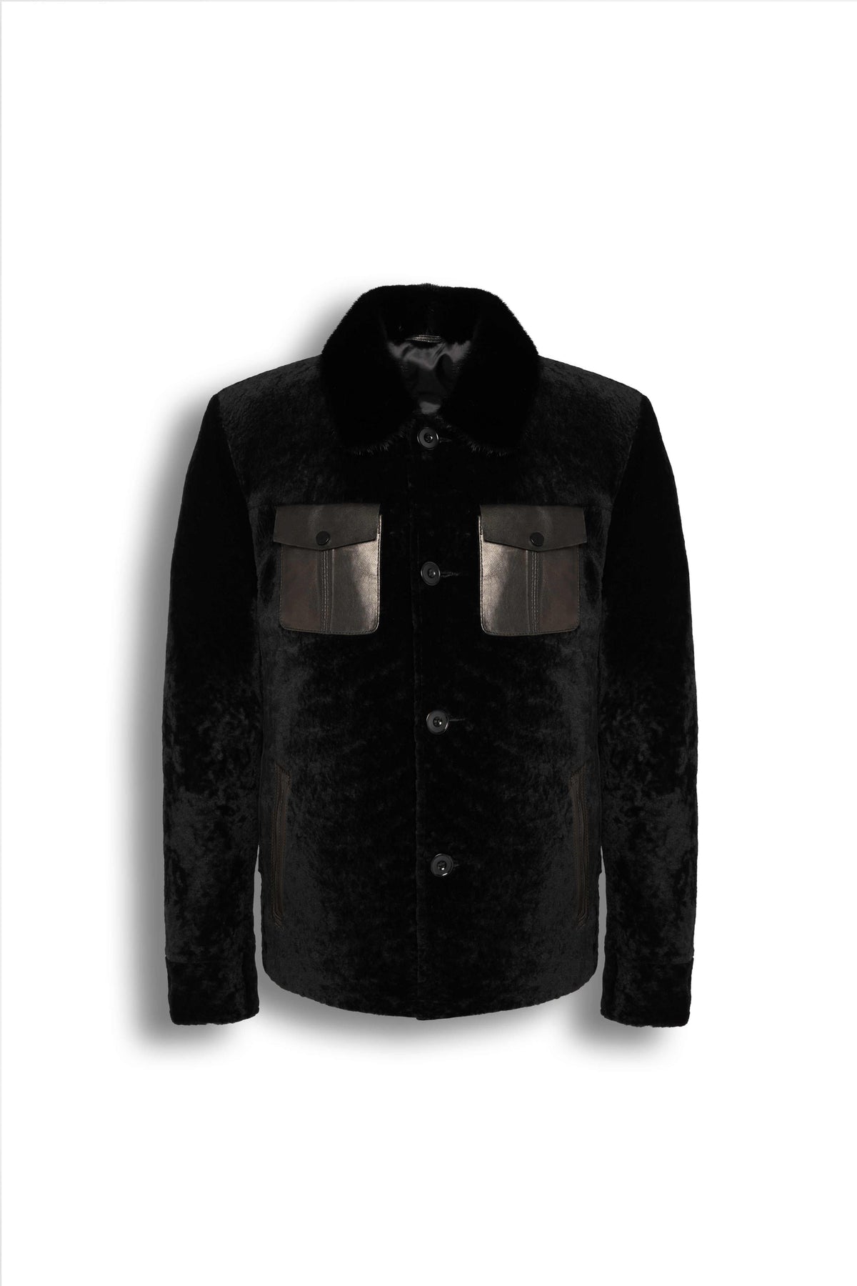 Black Premium Shearling leather jacket with refined leather pocket details and modern tailoring