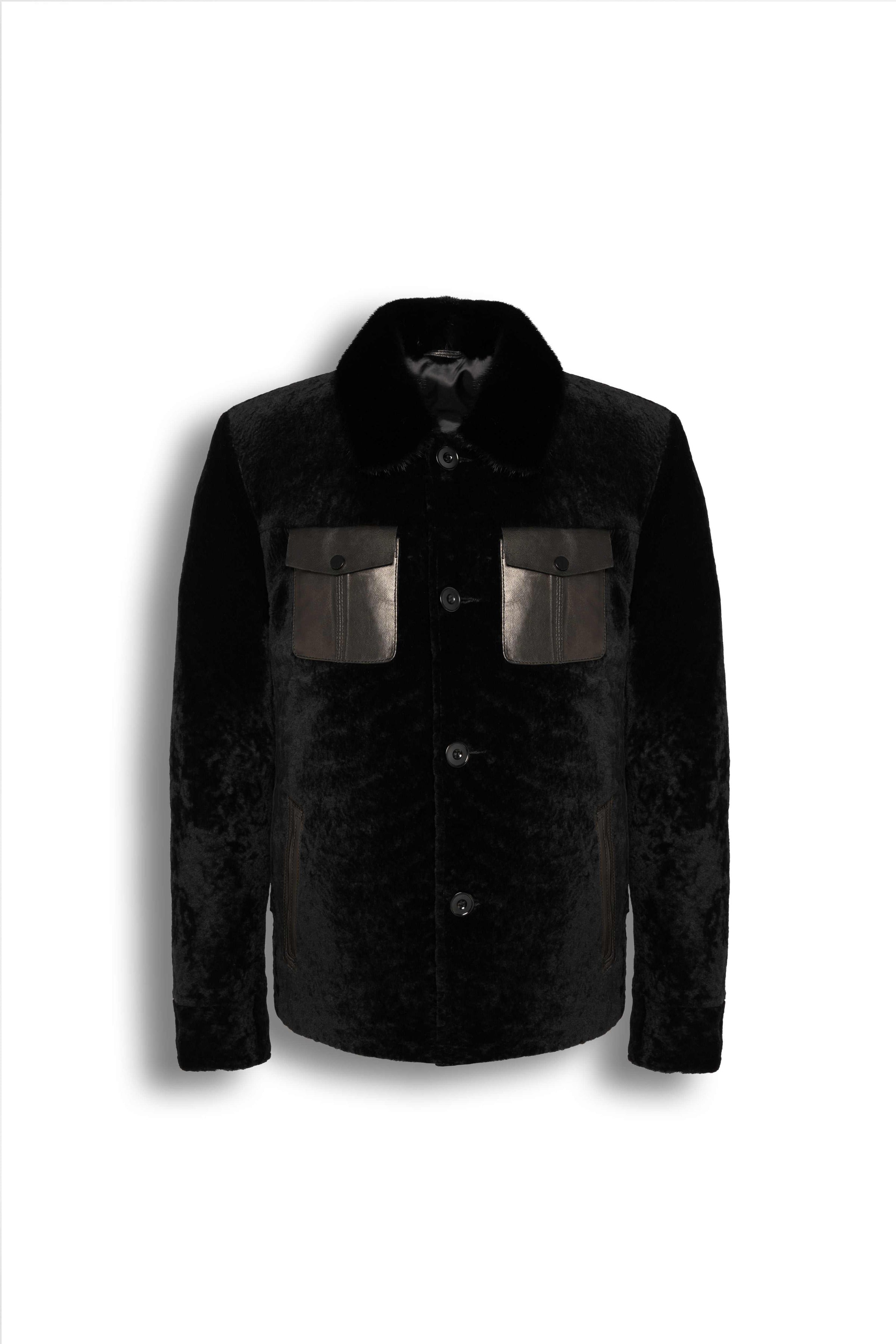 Black Premium Shearling leather jacket with refined leather pocket details and modern tailoring