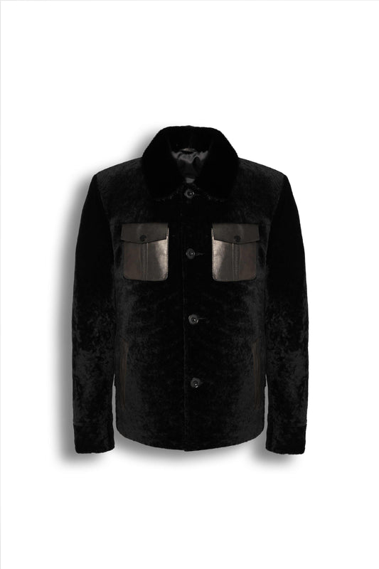 Black Premium Shearling leather jacket with refined leather pocket details and modern tailoring