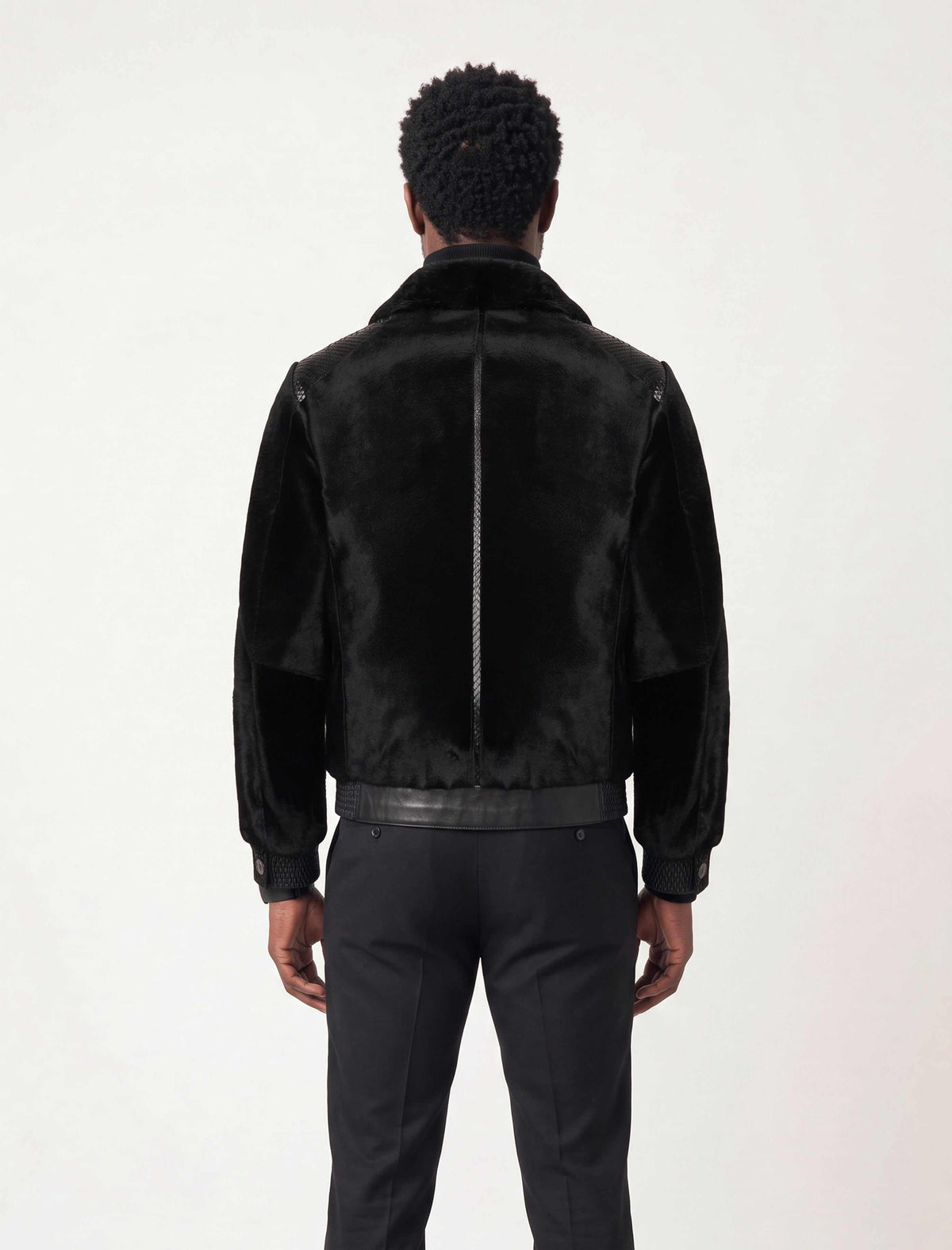 Signature Black Sheared Fur Bomber Jacket with Python Leather Details for Men