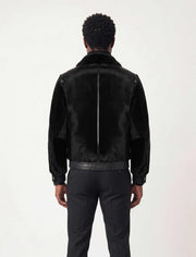 Signature Black Sheared Fur Bomber Jacket with Python Leather Details for Men