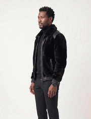 Signature black sheared fur bomber jacket with python leather details for men