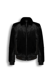 Black sheared fur bomber jacket with mink collar, handmade luxury outerwear