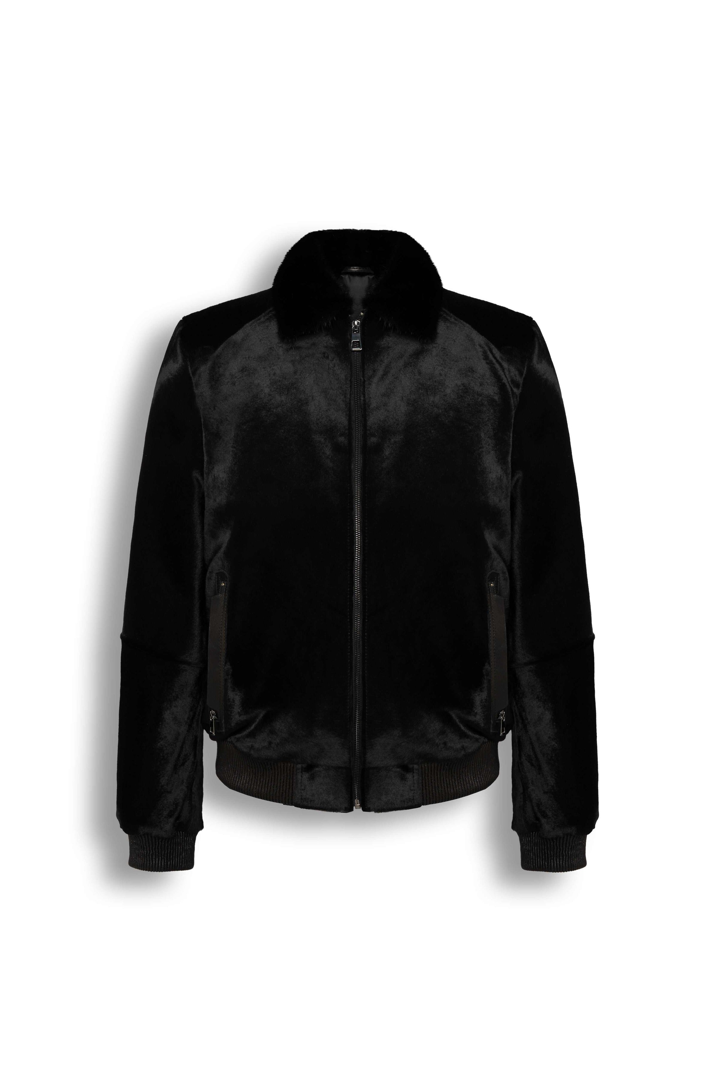 Black sheared fur bomber jacket with mink collar, handmade luxury outerwear