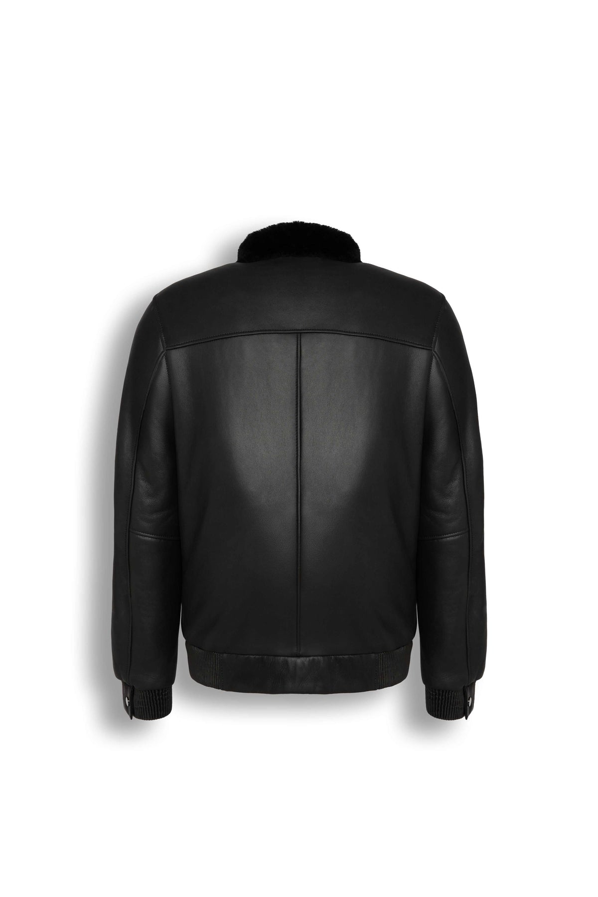 Noir Shearling Leather Bomber Jacket with shearling collar and metal hardware