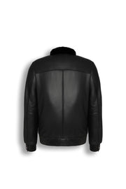 Noir Shearling Leather Bomber Jacket with shearling collar and metal hardware
