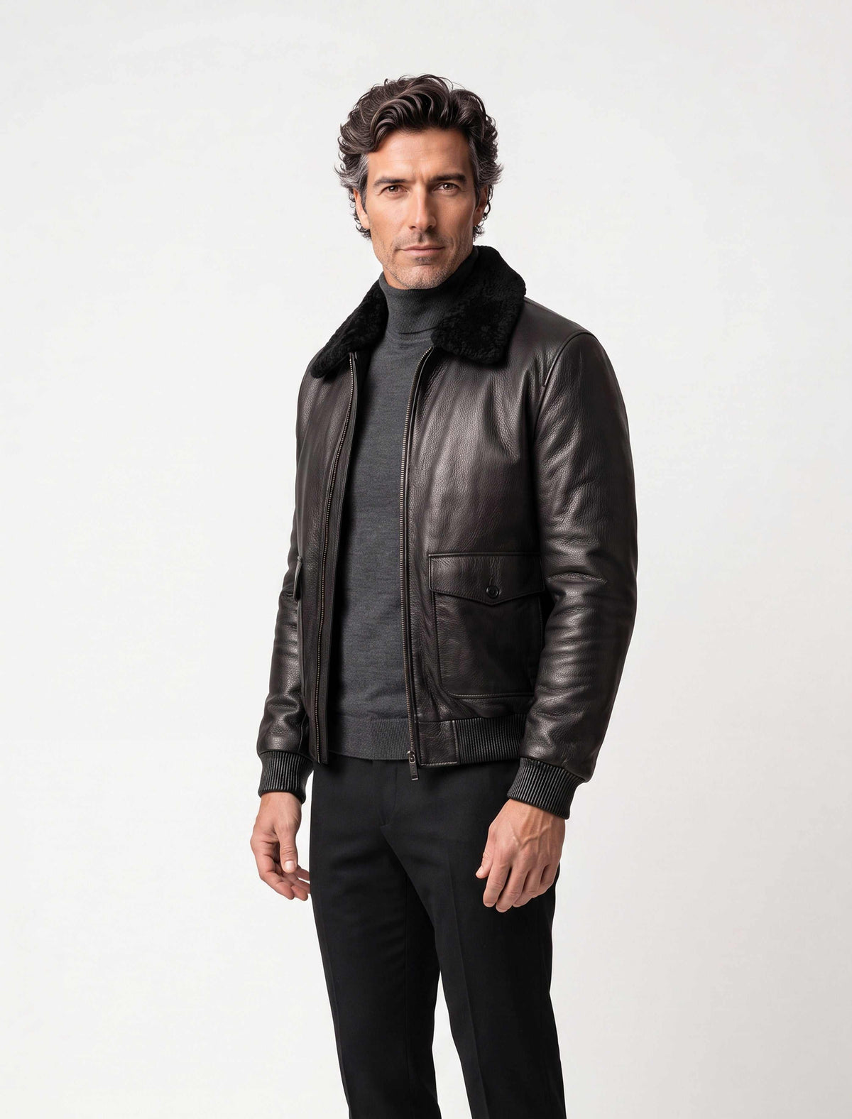 Black Shearling Leather Bomber Jacket with curly lamb collar and military-inspired design