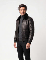 Black Shearling Leather Bomber Jacket with curly lamb collar and military-inspired design