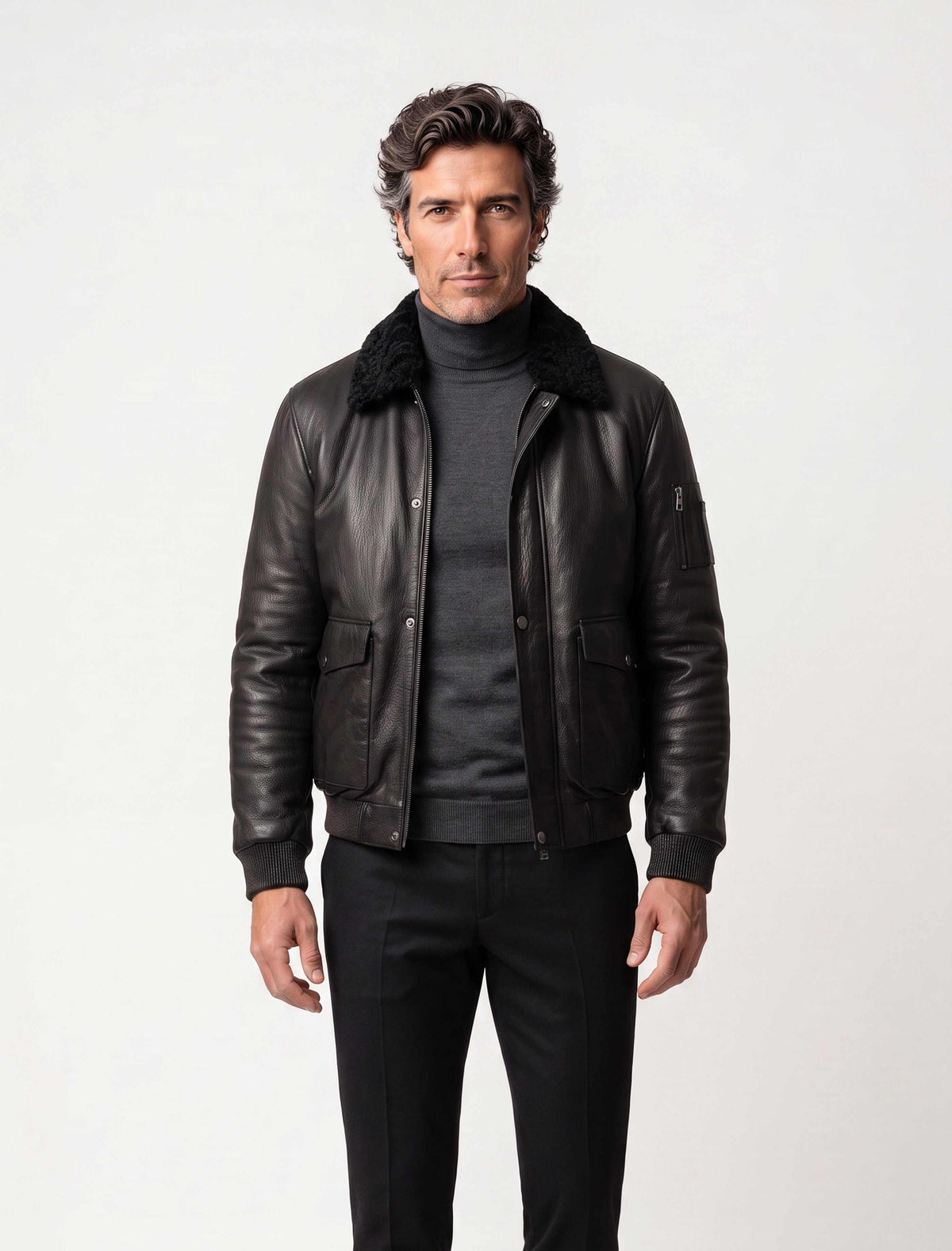 Black shearling leather bomber jacket with curly lamb collar and military-inspired design