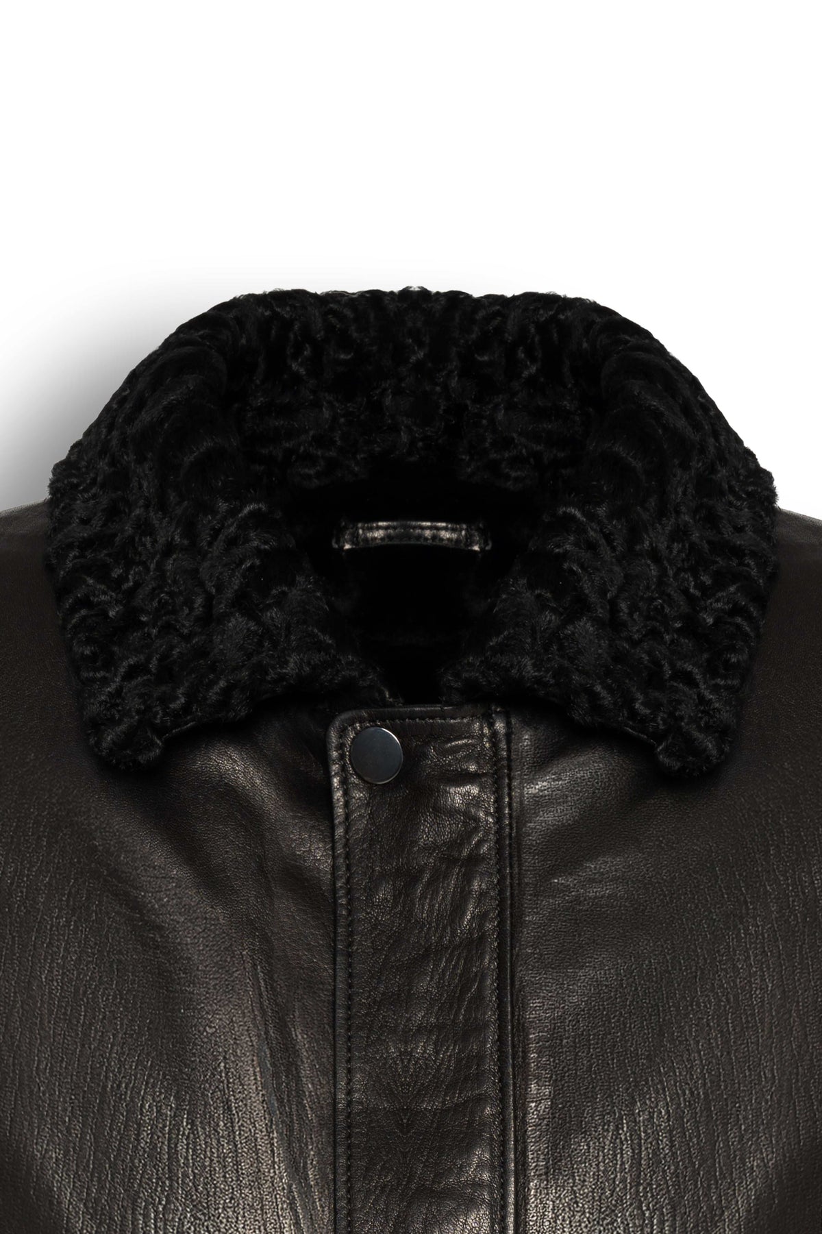 Black shearling leather bomber jacket with curly lamb collar and military-inspired design