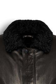 Black shearling leather bomber jacket with curly lamb collar and military-inspired design