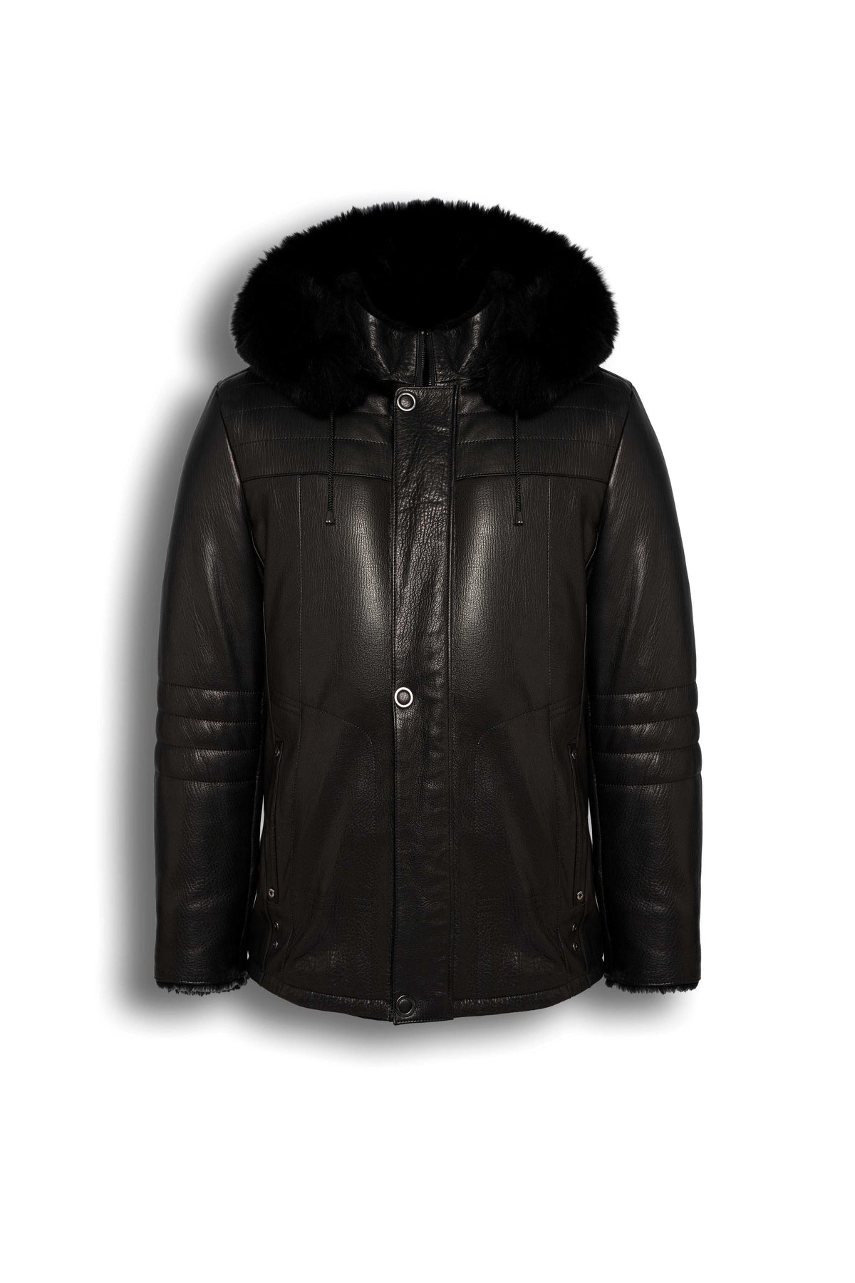Black Genuine Shearling Hooded Leather Jacket made from premium sheepskin with natural black shearling lining