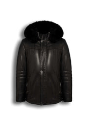 Black Genuine Shearling Hooded Leather Jacket made from premium sheepskin with natural black shearling lining
