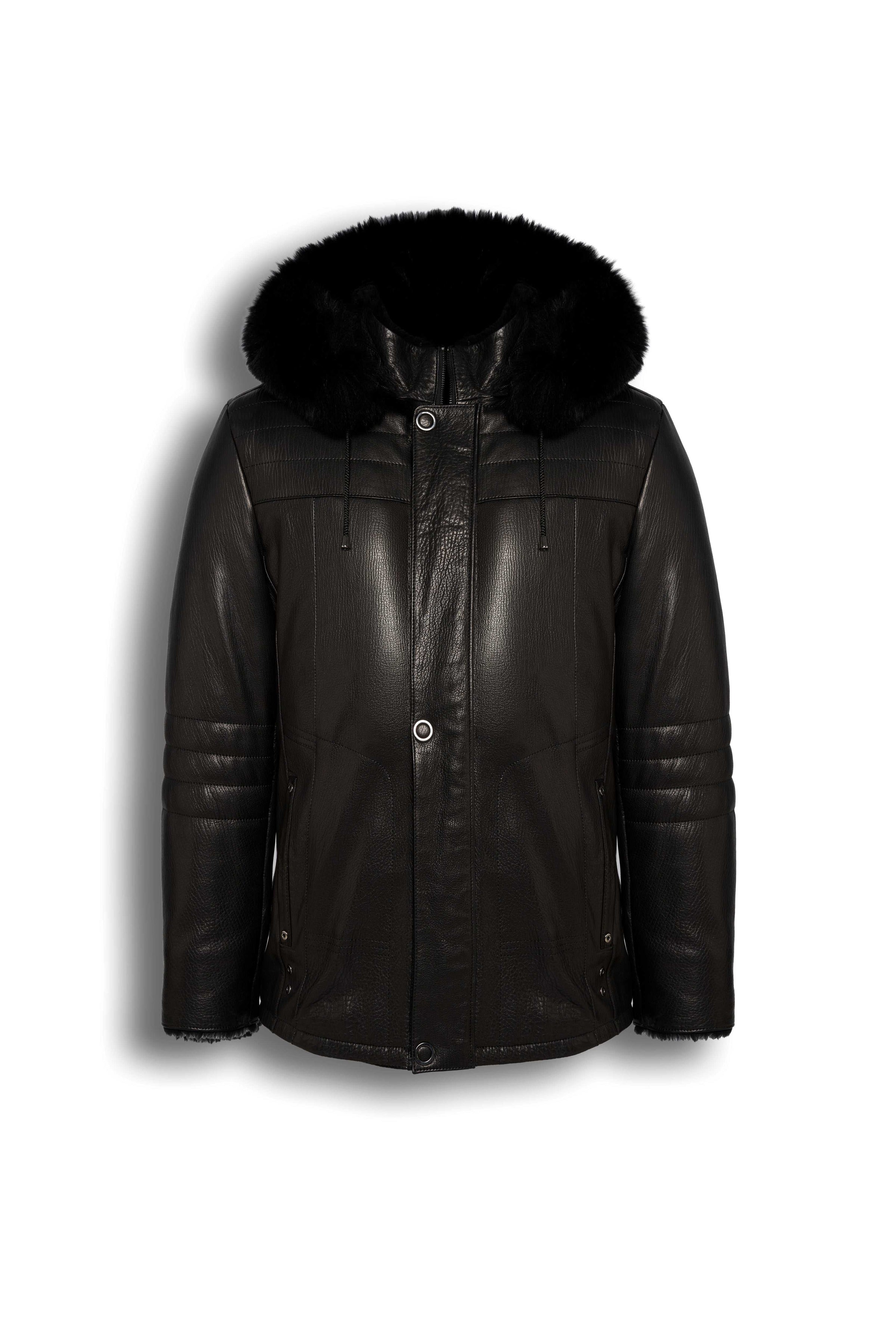 Black Genuine Shearling Hooded Leather Jacket made from premium sheepskin with natural black shearling lining