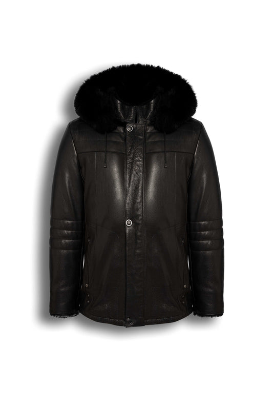 Black Genuine Shearling Hooded Leather Jacket made from premium sheepskin with natural black shearling lining