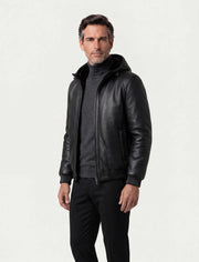 Black Arctic hooded shearling leather jacket with zipper and pockets