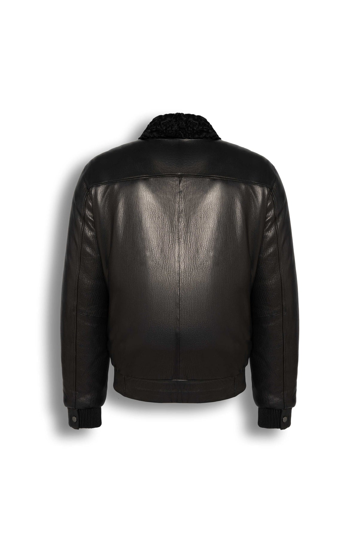 Black shearling leather bomber jacket with curly lamb collar and military-inspired design