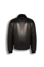 Black shearling leather bomber jacket with curly lamb collar and military-inspired design