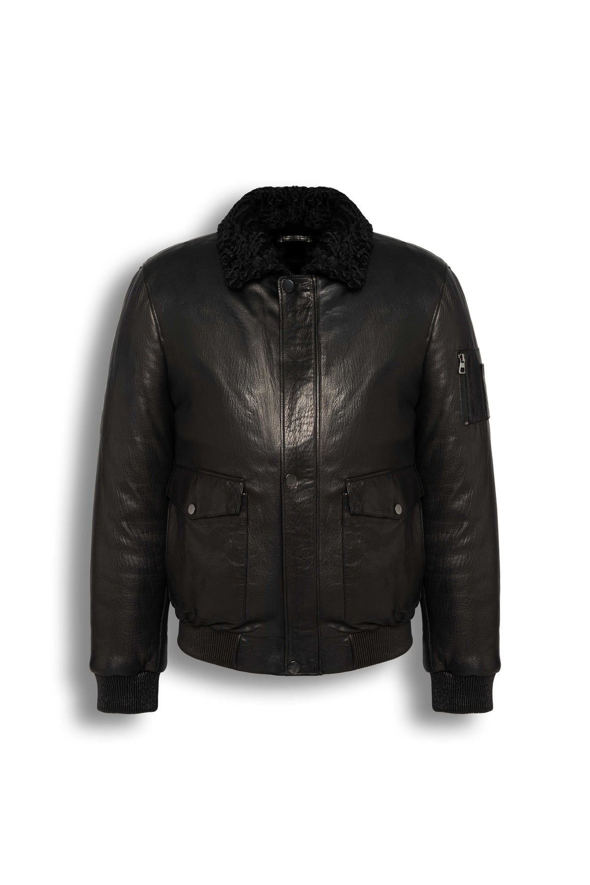 Black shearling leather bomber jacket with curly lamb collar and military-inspired design