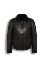 Black shearling leather bomber jacket with curly lamb collar and military-inspired design