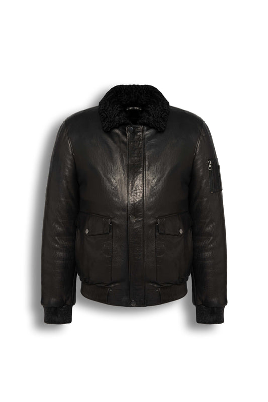 Black shearling leather bomber jacket with curly lamb collar and military-inspired design